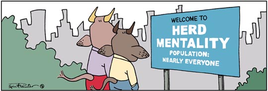 cartoon animals observe city sign: Welcome to Herd Mentality