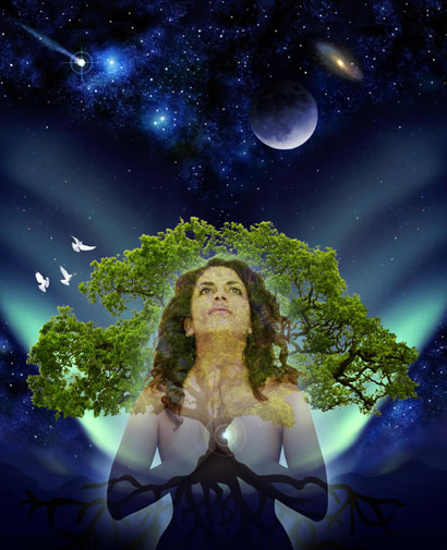 Woman Connecting Earth and Universe